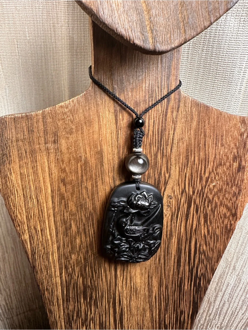 Obsidian Bird and Lotus Carving Pendant Necklace on Black Adjustable Rope